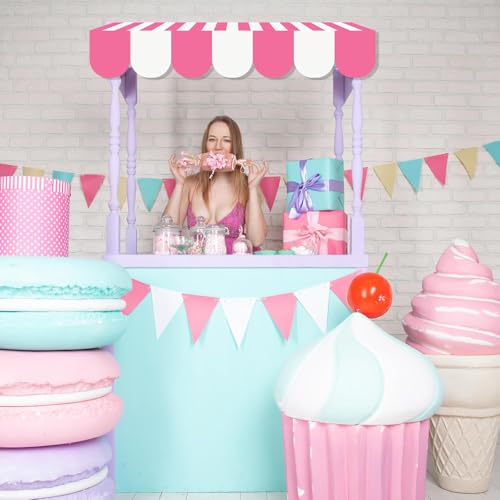 Image of Tallew 4 Pcs 3D Circus Awning Wall Decoration Farmers Market Party Decorations Carnival Awning for Halloween Carnival Theme Party Classroom Decorations(Pink and White)