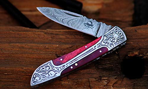DKC Knives (6 6/18) DKC-37-RH X Victorian Damascus Folding Pocket Knife Red Horn 7.75" Long, 4.5" Folded 3" Blade 4.8oz Hand Made Incredible Look and Feel