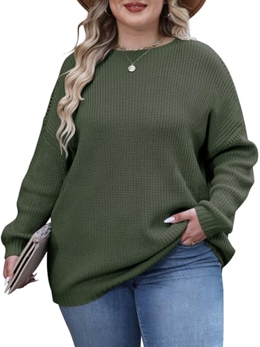 Sweaters for Women Oversized Sweater Dress Long Sleeve Tops Shirts Trendy Casual Loose Tunic Crewneck Sweatshirt Christmas Outfits Fall Fashion Winter Clothes Plus Size Womens Clothing 2025 Green M3