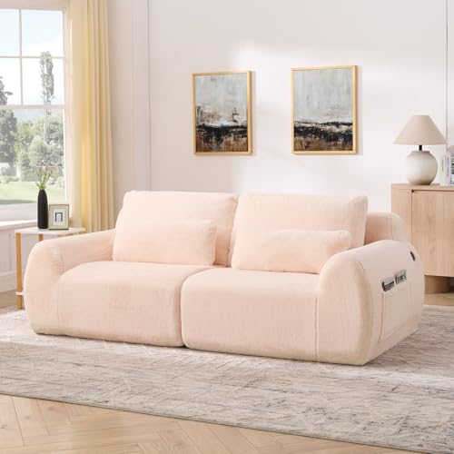 Sweiko - Sofá de 2 plazas moderno de 208 cm con puertos USB y almacenamiento, sofá de imitación piel de conejo con apoyabrazos y bolsillo lateral, para sala de estar, apartamento, oficina, color rosa