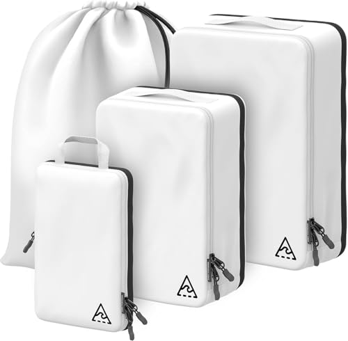 Well Traveled 4 pcs Compression Packing Bags Cubes Set with HybridMax Double-Capacity Design - Packing Cubes for Travel Compression to Maximize Limited Luggage Space, White