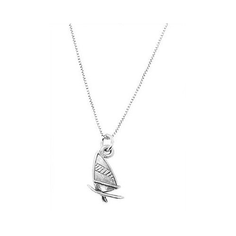 LGU Sterling Silver Oxidized One Sided Windsurfing Board Charm Pendant with Polished Box Chain Necklace