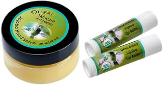 Jojoba Oil Hand Salve with over 50% Jojoba Oil (2 oz/60 gm) plus 2 Organic Jojoba Oil Lip Balms with over 70% Jojoba Oil (0.15 oz/4.6 gm). No added scents. 100% Natural.
