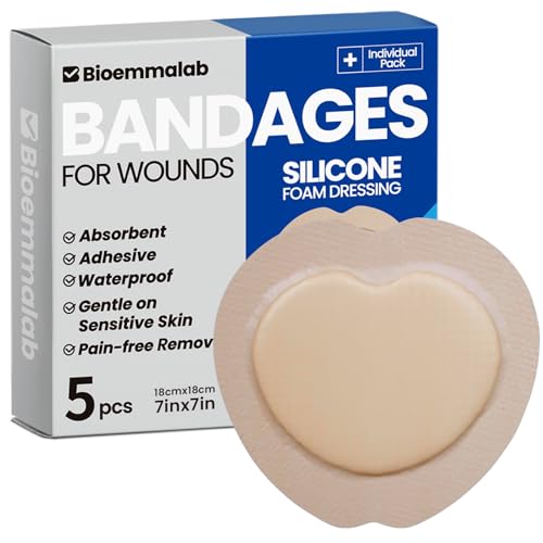 Image of Large Waterproof Bandages 7X7 Silicone Foam Dressing for Sensitive Skin Wound Care, Adhesive Cohesive Pad with Border for First Aid, Post Surgical and Burn, Pressure, Scar Healing (5 PCS)