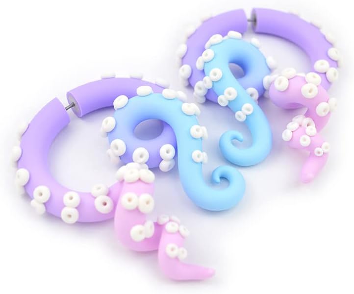 Pastel Punk Octopus Tentacle Earrings Yami Kawaii Art Fairy Kei Fashion Pastel Goth Menhera Clothing Decora Kei Anime Costume Cosplay Creepy Cute Accessories Decoden Harajuku Kpop Sweet Lolita