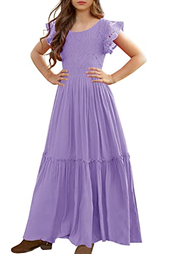 Image of MITILLY Girls Lace Flower Wedding Guest Long Maxi Dress for 6-12 Years | Girls Boho Dress, Girls' Special Occasion Dresses, Wedding Party, Size 6-12 Years, Ruffle Sleeve, A Line, With Pockets