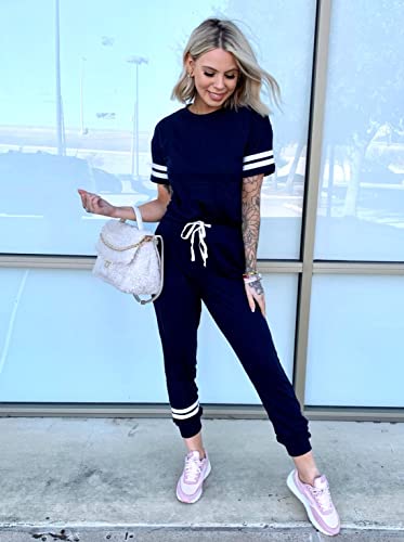 Image of PRETTYGARDEN Women's Two Piece Outfits Striped Short Sleeve Pullover and Long Pants Tracksuit Pajama Lounge Jogger Sets