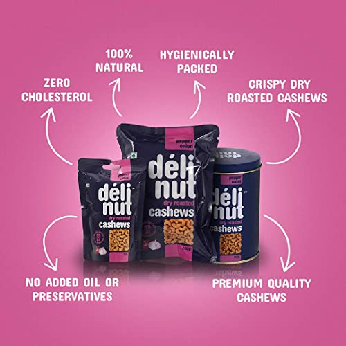 Delinut Pepper Onion Dry Roasted Cashews/Kaju 200g | Savory & Crunchy WW240 Whole Cashew Nuts | Pepper & Onion Flavour | FOST Flavour Lock Technology | Nitrogen Flushed | No Added Oil, Colors or Preservatives