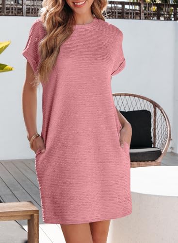Image of EVALESS Womens Summer Dresses 2026 Fashion Short Sleeve Cute Spring Mini Dress Crewneck Casual Beach Vacation Dresses