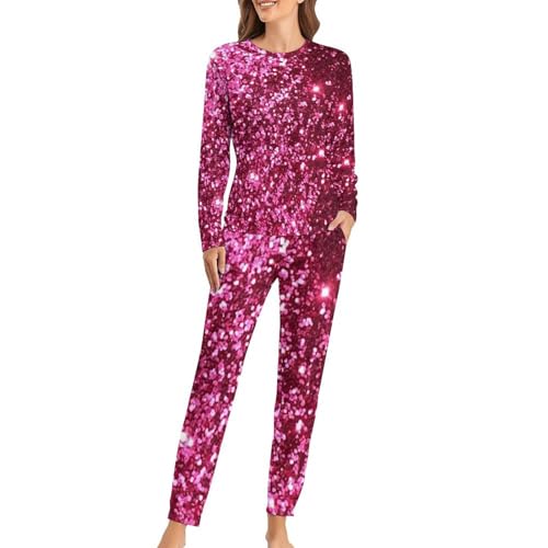 Ensemble pyjama femme rose paillettes t-shirt manches longues et pantalon de nuit