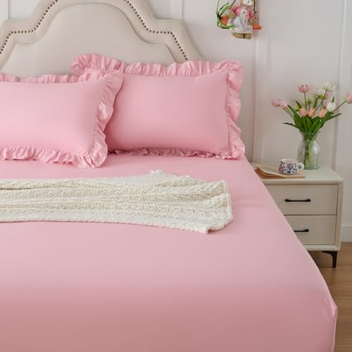 Image of Homiest 3-Pieces Ruffle Pillow Case & Fitted Sheet Set, Light Pink Queen Sheets with 2 Ruffled Pillow Shams, 15 Inch Deep Pocket, Cute & Coquette Microfiber Bed Set for Decorating Bedroom Hotel