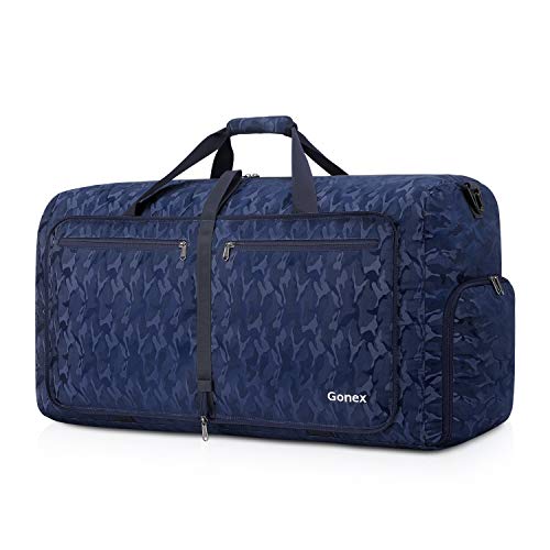 Gonex 60L Packable Travel Duffle Bag Foldable Cordura Duffel Bags for Luggage Gym Sports Camping Travelling Cycling Storage Shopping Water & Tear Resistant Black and Blue Camouflage