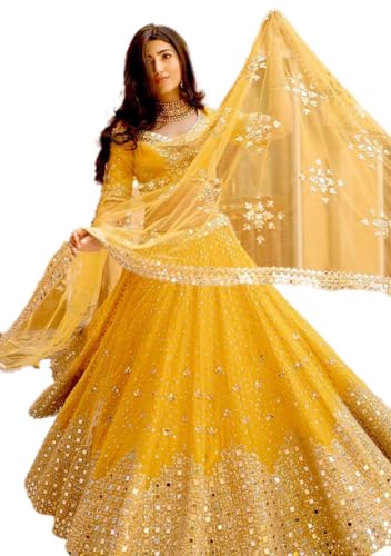 Indya Yellow Mirror Work Georgette Lehenga Set for Wedding | Short Sleeve