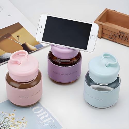 Image of Glassbunny Fat Cup Beauty Mini Portable Small Water Bottle with Mobile Phone Stand Mini Glass Bottle for Travel, Home, Office, Gym 320ml Glass