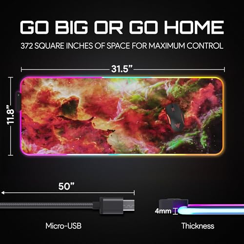 Image of Gerlos RGB Gaming Mouse Pad, Large LED Desk Mat, 31.5 x 11.8 Inch | 12 light modes, non-slip base, water-resistant surface, stitched edges
