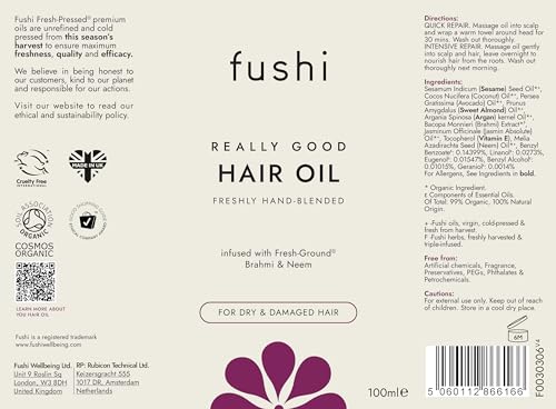 Fushi Really Good Hair Oil 100 ml | Rich in Antioxidants | Best for Dry & Damage Hair, Thinning Hair, Frizzy Hair | Ethical & Vegan Society Approved | Manufactured in the UK Fushi Really Good Hair Oil 100 ml | Rich in Antioxidants | Best for Dry & Damage Hair, Thinning Hair, Frizzy Hair | Ethical & Vegan Society Approved | Manufactured in the UK
