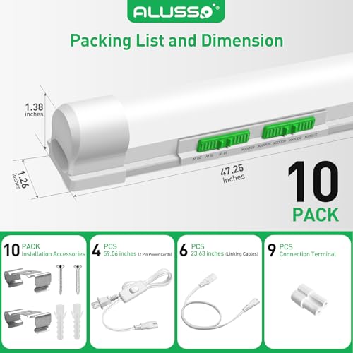 Image of ALUSSO 4FT LED Shop Lights with 5CCT Selectable-2100LM T8 Integrated Fixture, 10 Pack, 2700K-6500K Adjustable Color Temperature, Corded Electric with On /Off Switch for Garage /Workshop