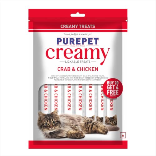 Purepet Creamy Lickable Cat Treats(15g x 24 Pieces) 360g | Crab & Chicken Flavour | Rich in Protein | Taurine for Heart & Vision | Ideal for Training 