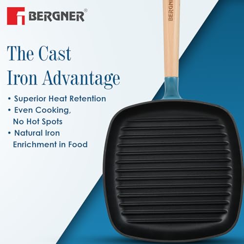 Image of BERGNER Excalibur Lightweight Cast Iron Square Grill Pan 24cm, Sturdy Wooden Handle, Non-Stick Coating, PFAS Free, Perfect Heat Distribution, Elegant Design - Induction Compatible (Blue)