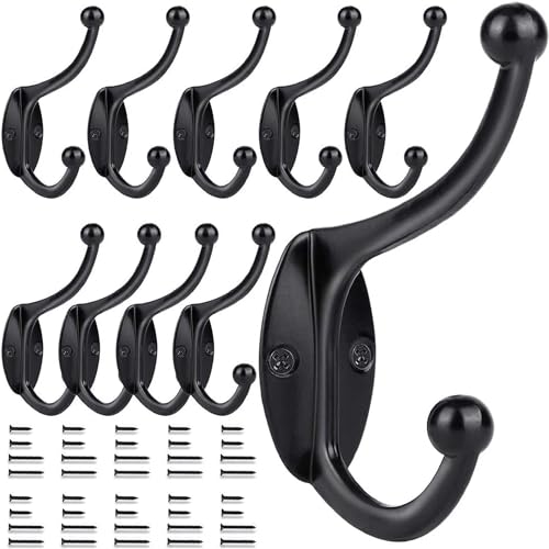 GlazieVault Black Coat Hooks for Wall - Zinc Alloy Coat Racks(10 Pack) - Heavy Duty Coat Hooks Wall Mounted - Premium Design Rust Free Door Hooks for Hanging