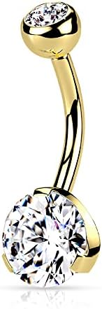 Forbidden Body Jewelry Belly Button Rings 14K Gold Plated Double Jeweled CZ Crystals 14G Surgical Steel