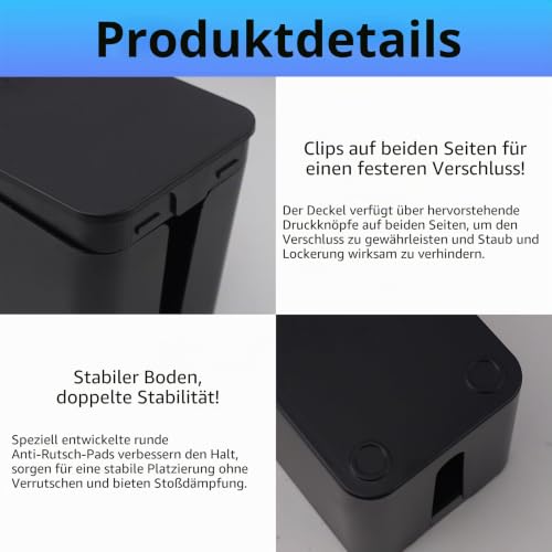 COEWUR Kabelbox Kabelmanagementbox Klein Aufbewahrungsbox für Steckdosenleisten & Adapter Kabelsammler mit Seitlichen Zugängen, Schwarz, Groß (40,5 x 15,3 x 13 cm)