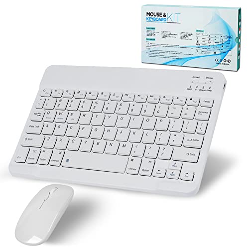 Wireless Bluetooth Keyboard and Mouse Set, Portable Slim Rechargeable Cordless Keyboard and Mouse Combo Compatible with iPad/Mac/Macbook/Android/Windows/PC/Computer, White