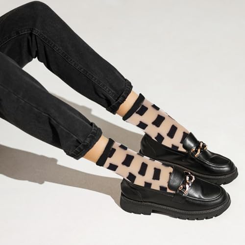 Image of Lusofie 5 Pairs Sheer Black See-Through Socks - Checkered Dot Striped Plaid Ankle Summer Socks for Women - Thin Fashion
