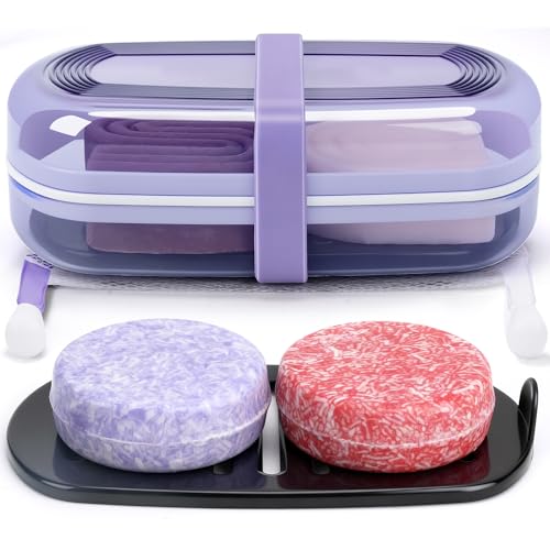 Shampoo Bar Holder and Soap Case Leakproof Travel Container with Lid & Drain Tray Includes Silicone Strap and Soap Bag Compatible with Kitsch Solid Shampoo & Conditioner Bars(Grape Purple Large)
