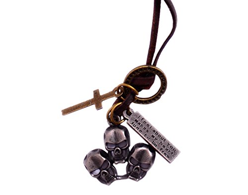 Collier chaîne pour homme avec pendentif 3 crânes gothiques et croix en cuir