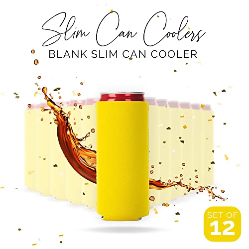 Image of Slim Can Cooler Sleeve 12 Pack - Blank Neoprene Insulated Can Coolers for 12 oz Skinny Beer & Soda Cans - Sublimation Ready Drink Sleeves for Heat Press, Custom Printing & Party Favors (Yellow)