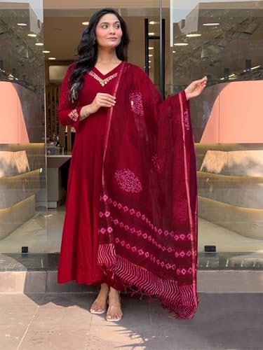Image of GoSriKi Women Viscose Gown Kurti with Pant and Dupatta | Embroidered Kurta Set for Women | V Neck Long Kurta Dupatta Palazzo Ethnic Outfit