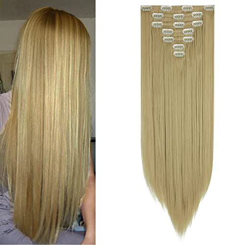 FIRSTLIKE Grade 7A 160g 23-24 inch Real Thick Double Weft Full Head Clip in Hair Extensions, Ash Blonde Mix Bleach Blonde, 23"-Straight