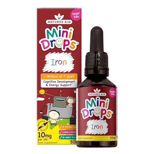 Natures Aid Mini Drops Iron for Kids 50ml Supports Cognitive Development & Energy Gluten & Sugar Free Vegan Non-GMO Natural Supplement for Babies & Children Age 0-5 Years Old - Dropper Included