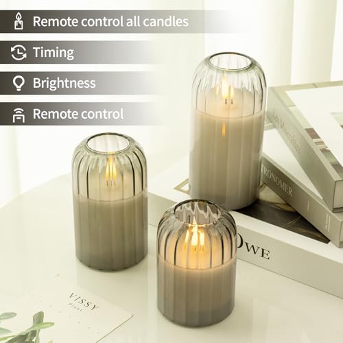 Image of Ribbed Glass Battery Candles - FLameless Candles with Remote, Sage Green LED Candles with Timer, Warm Light, Lasting 350 Hrs and Brightness Adjustment, Φ 3 inch H 4 inch 5 inch 6 inch, Set of 3 for Christmas Decor