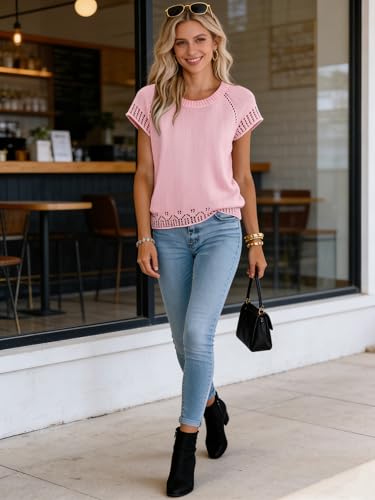 Image of SAUKOLE Women's Sweater Vest Casual V Neck Cap Sleeve Knit Pullover Tops | 2026 Spring Clothes, Soft Knit Shirts, Short Sleeves T-shirts, Tunic Blouses, Sweater Tank Tops
