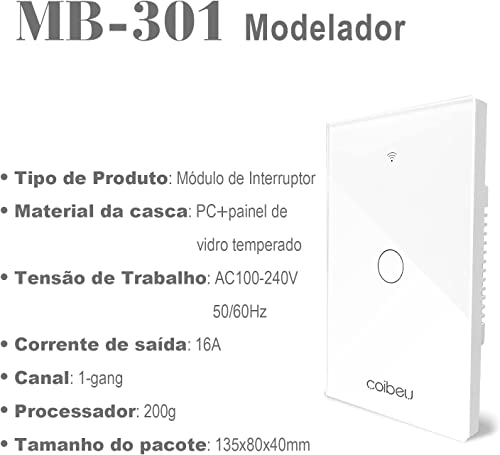 Interruptor Inteligente WiFi, Smart Sem Fio Multifuncional 1 botão (MB301 com neutro) Compatível Com