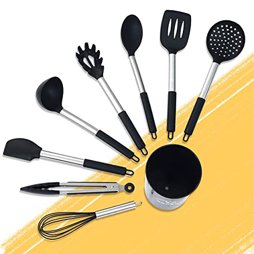 Set di 8 Utensili da Cucina in Silicone Resistente al Calore - Manico in Acciaio Inox - Con Supporto - Con Fori per Appendere