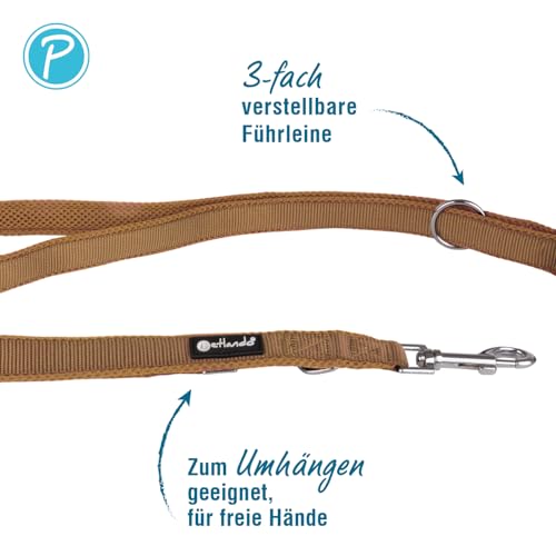 Petlando Hundeleine 3m Mesh, weich gepolstert, atmungsaktiv, leicht & robust, Führleine 3 Fach verstellbar mit Karabiner, Freihandleine, Umhängeleine, Leine für mittelgroße Hunde, Cognac 300x2,5cm
