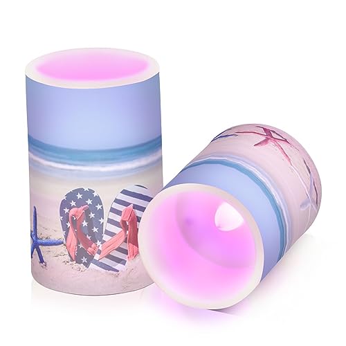 Kcldeci LED Flameless Candles Battery Operated with Remote and Timer, Patriotic USA Starfish and Flip Flops Sandy Beach Realistic Flickering Flameless Candles Led Pillar Candles, Set of 2