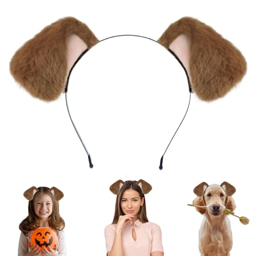 Beviliu Dog Ears Golden Movable Realistic Animals Ears Headband Brown Fluffy Cat Bunny Bear Costume Halloween Christmas for Washing Makeup Cosplay Birthday Party