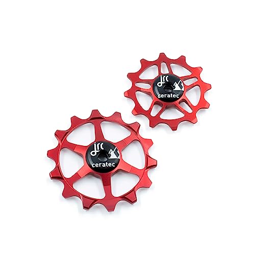 JRC Components Keramik-Schaltwerk Riemenscheibe für SRAM Eagle | Paar 14&12T Stützräder Keramiklager – Rennrad Schaltwerk Rollen | Keramik Speed Pulley Räder – Rot