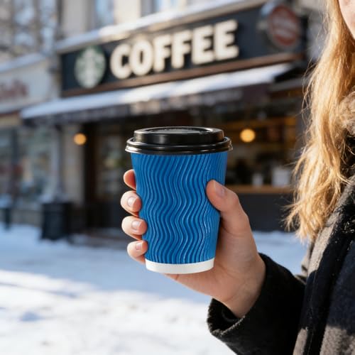 Lamosi 8 oz 100 Pack Disposable Coffee Cups with Lids, Insulated Paper Coffee Cups with Lids, Corrugated Ripple Wall To Go Coffee Cup with Lid for Hot Beverages (Blue) by Lamosi - Image 5