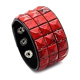 PEAS Punk Jewelry Pyramid Studded Wristband Rivet Wide Pu Leather Cuff Bracelet(Red)