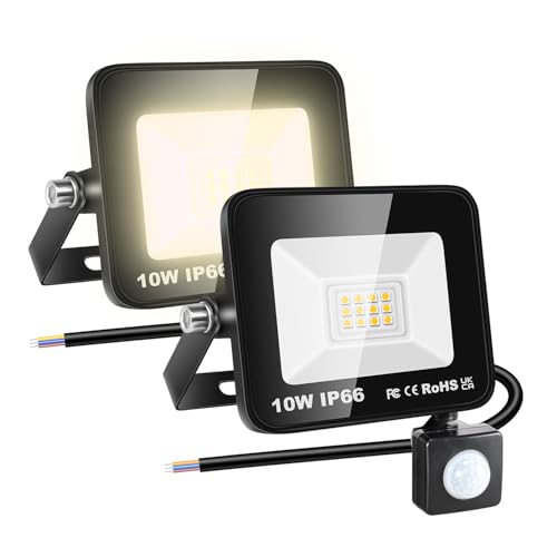 RIGIDON 2x 10W 1000 LM Faretto con Sensore di Movimento, 3000K Bianco Caldo Proiettori Faretto LED da Esterno, Led Floodlight, Luci Esterno Per Giardino, Garage, Strada, Patio, Terrazza, Cortile