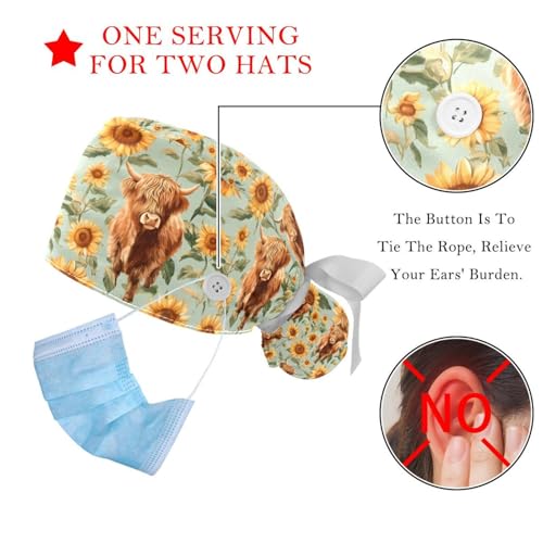 Image of 2 PCS Bouffant Cap with Button Ponytail Pouch Working Cap Sweatband Adjustable Surgical Cap Black and White Cow