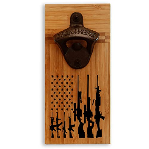 Distressed American Gun Flag - Bottle Opener, Wall Mounted - 100% Solid Bamboo - 2Nd Amendment Beer Lover Gift #TOP5