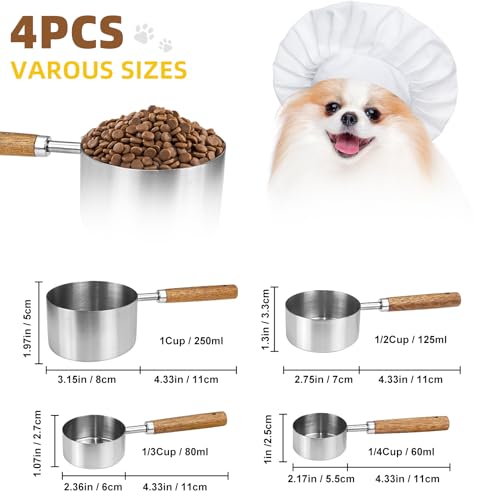 JOBVERT 4 Pcs Dog Food Scoop, Stainless Steel 1 Cup, 1/2 Cup, 1/3 Cup, 1/4 Cup Measuring Cup, Cat Food Scoop with Wood Handle, Pet Food Scoop