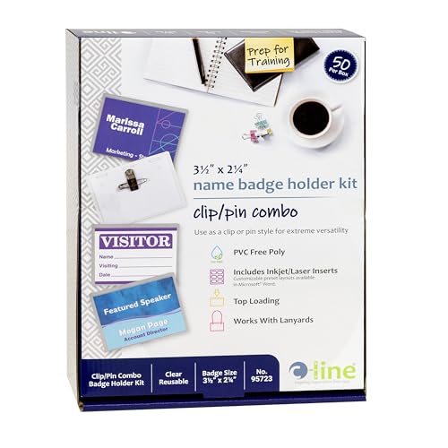 C-Line Name Badge Kit with Inserts, Top Load, 3-1/2" x 2-1/4", Clear, Combo Clip/Pin, Box of 50 (95723), White, 3.5 x 2.25-Inch