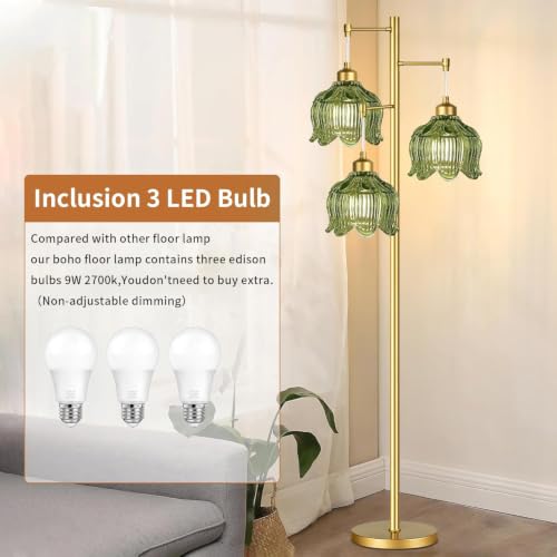 Image of QIYIZM Gold Floor Lamp for Living Room,Bedroom,Mid Century Modern Standing Lamp Brass Tree 3 Light Tall Floor Lamps Vintage Retro Floor Lights Glass Green Flower Lamp Shade Farmhouse Boho Bohemian